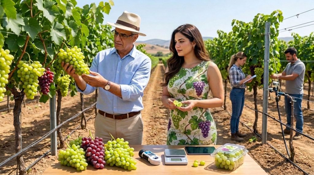 Vigne de table sur palissage avec irrigation et contrôle du calibre, de la maturité et de la qualité du raisin