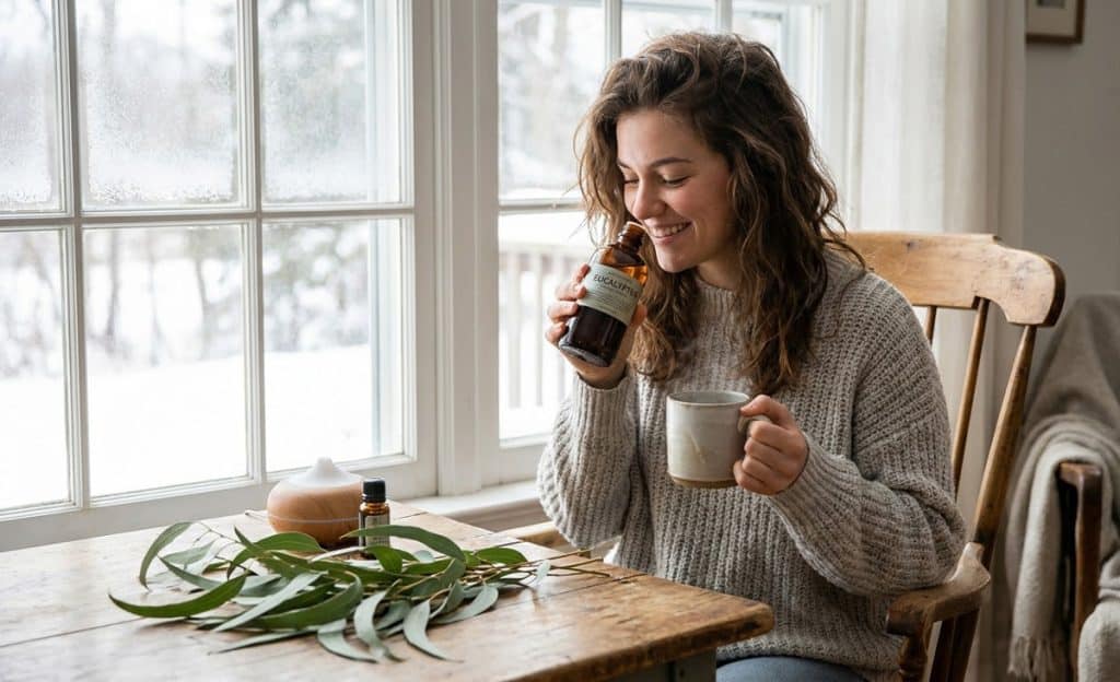 Jeune femme en pull d'hiver profitant de la senteur fraîche d'un flacon d'huile essentielle eucalyptus.