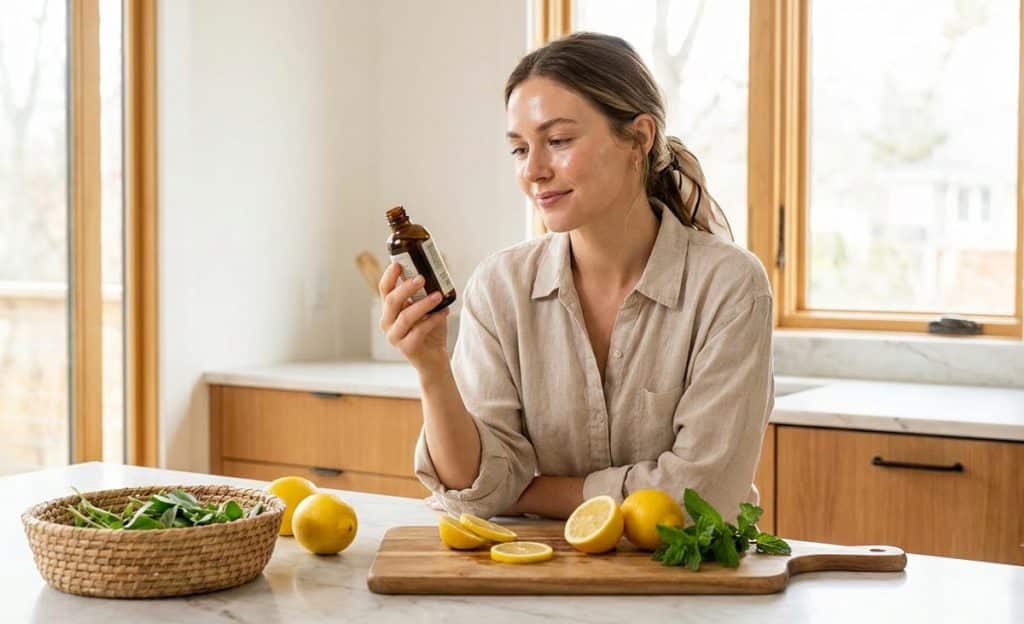 Jeune femme souriante tenant un flacon d'huile essentielle citron entourée de citrons frais et coupés dans une cuisine lumineuse.