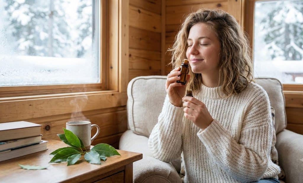 Jeune femme apaisée en pull d'hiver respirant profondément un flacon d'huile essentielle ravintsara pour son confort respiratoire.