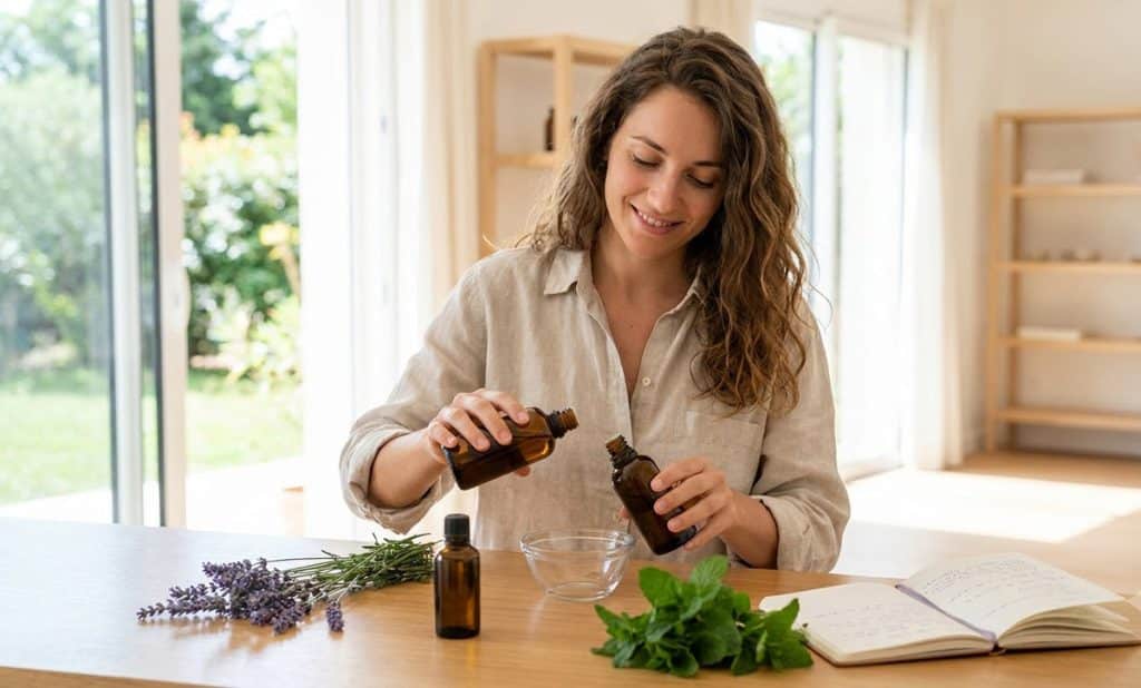 Jeune femme concentrée préparant soigneusement une synergie huile essentielle avec plusieurs flacons et des plantes fraîches dans un bol en verre.