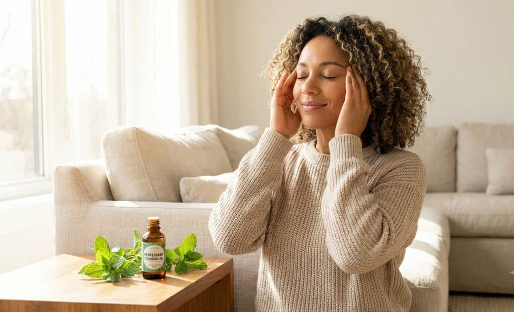 Jeune femme apaisant un mal de tête en massant ses tempes avec de l'huile essentielle de menthe poivrée diluée.