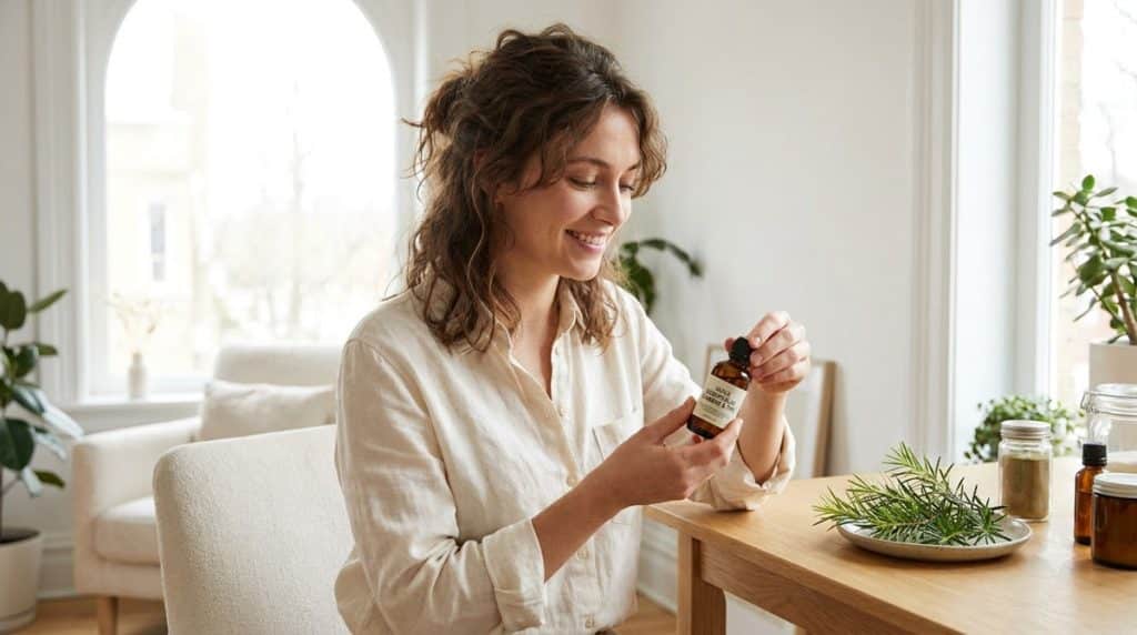 Jeune femme au naturel tenant un flacon d'huile essentielle tea tree (arbre à thé) pour sa routine de soin purifiant de la peau.