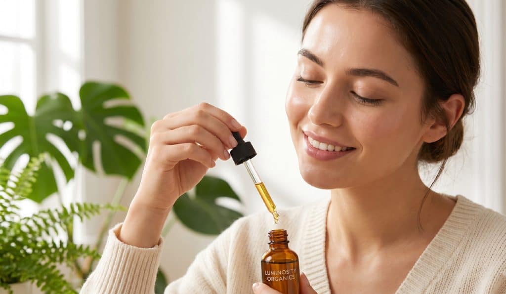 Jeune femme sereine appliquant délicatement une goutte d'huile essentielle sur son poignet à l'aide d'une pipette, illustrant le soin au naturel