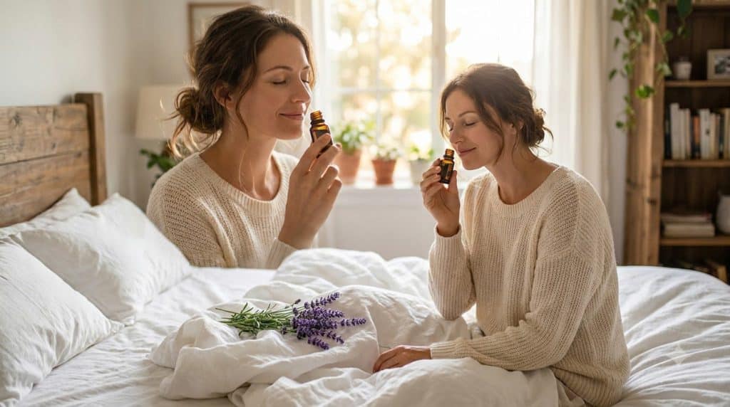 Jeune femme souriante tenant un flacon d'huile essentielle lavande vraie à côté d'un champ ensoleillé.