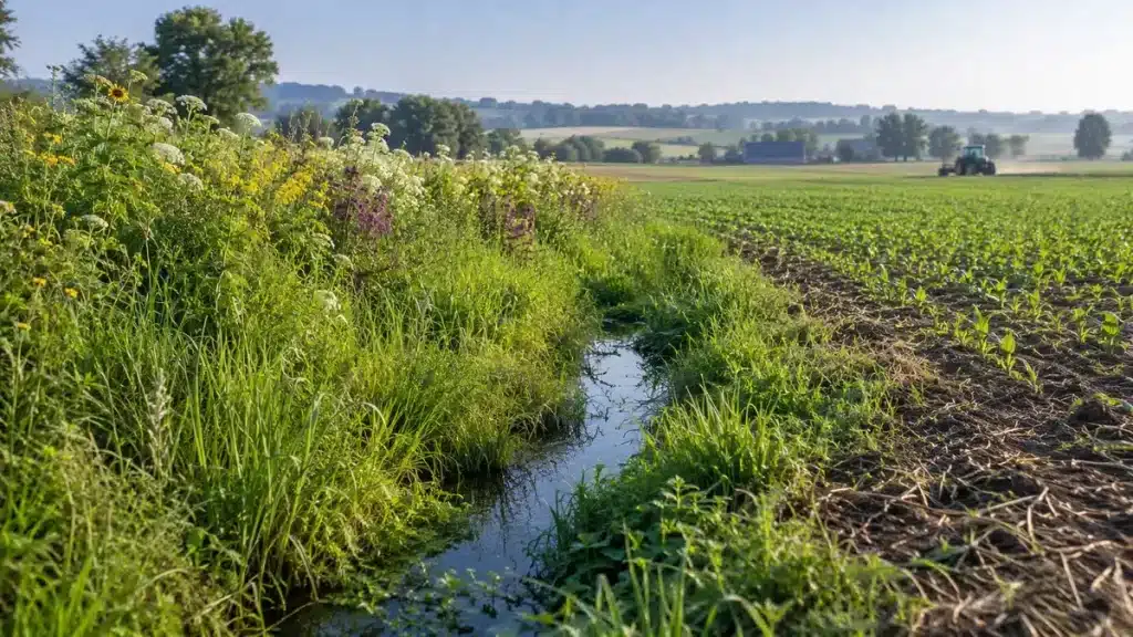 PPesticides biodiversité : Parcelle et bande fleurie illustrant le lien entre pesticides biodiversité sol et eau
