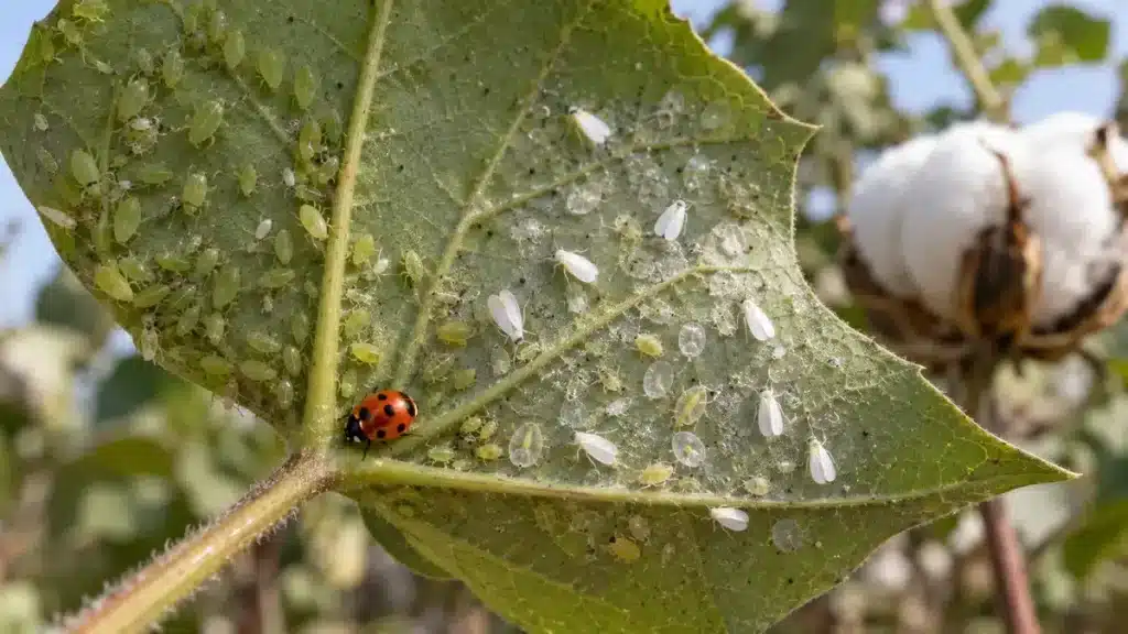 Pucerons du cotonnier et aleurodes du cotonnier sous une feuille