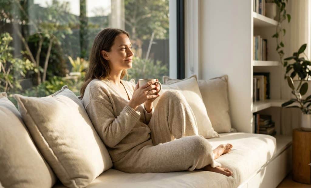 Une belle jeune femme souriante profitant d'un instant de mindfulness près d'une fenêtre lumineuse avec une tasse de thé.