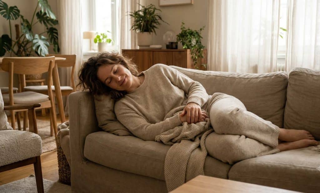 Relaxation guidée : Une jeune femme détendue sur un canapé, illustrant les bienfaits de la relaxation guidée et de la relaxation profonde.