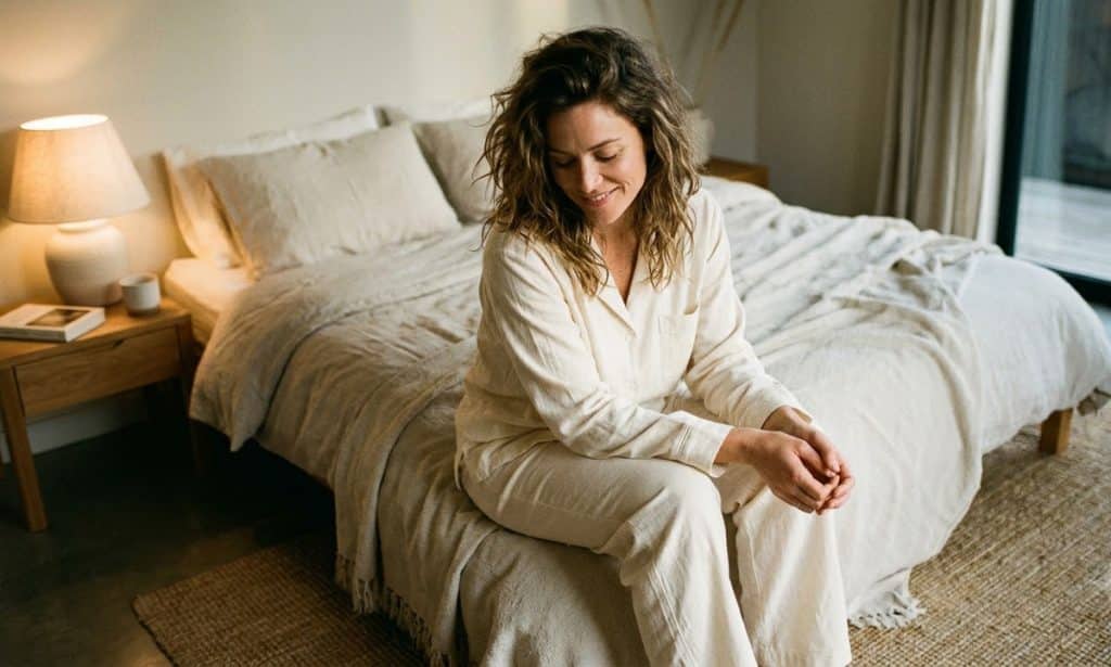 Une jeune femme détendue dans une chambre tamisée, illustrant les bienfaits de la méditation pour dormir et la sérénité nocturne.